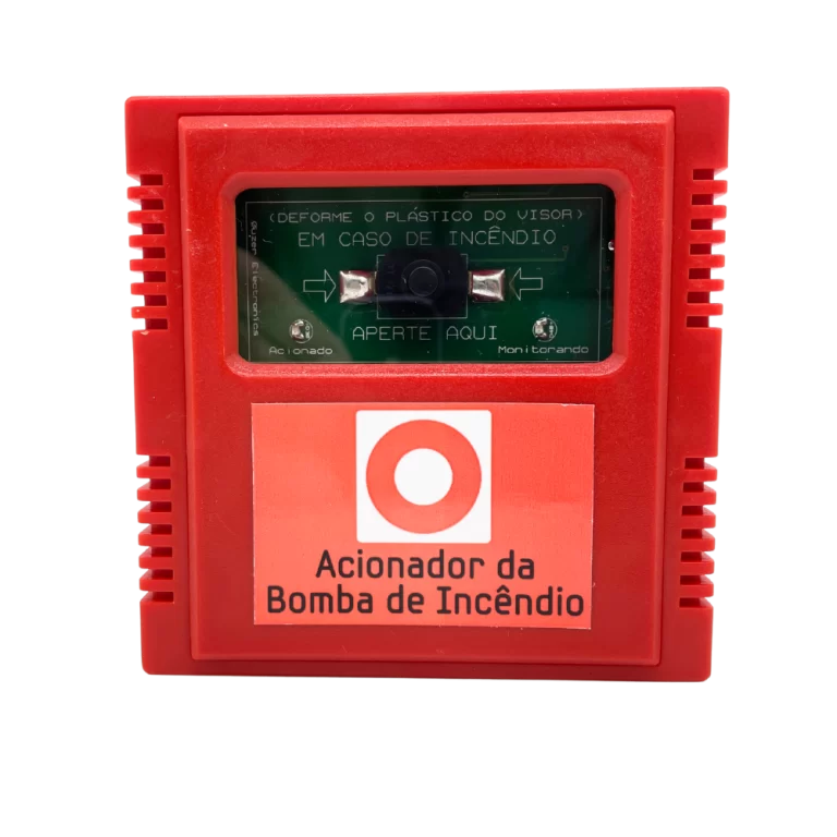 Acionador sem fio da bomba de incêndio para sistema de detecção de incêndio wireless, com botão de emergência destacado.