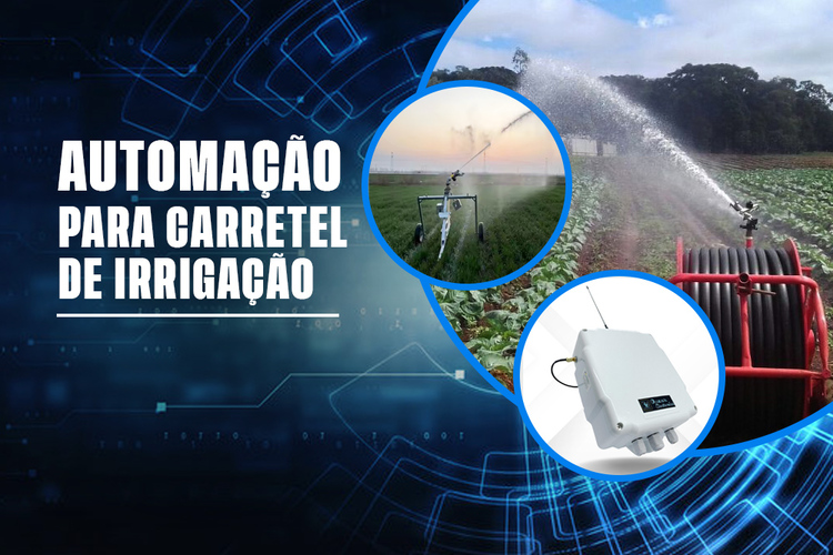 Produtor rural utilizando a automação para carretel de irrigação sem fio em sua lavoura.