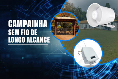 Ilustração de uma campainha sem fio de longo alcance, mostrando um alerta sendo enviado de um portão de fazenda para a casa sede.